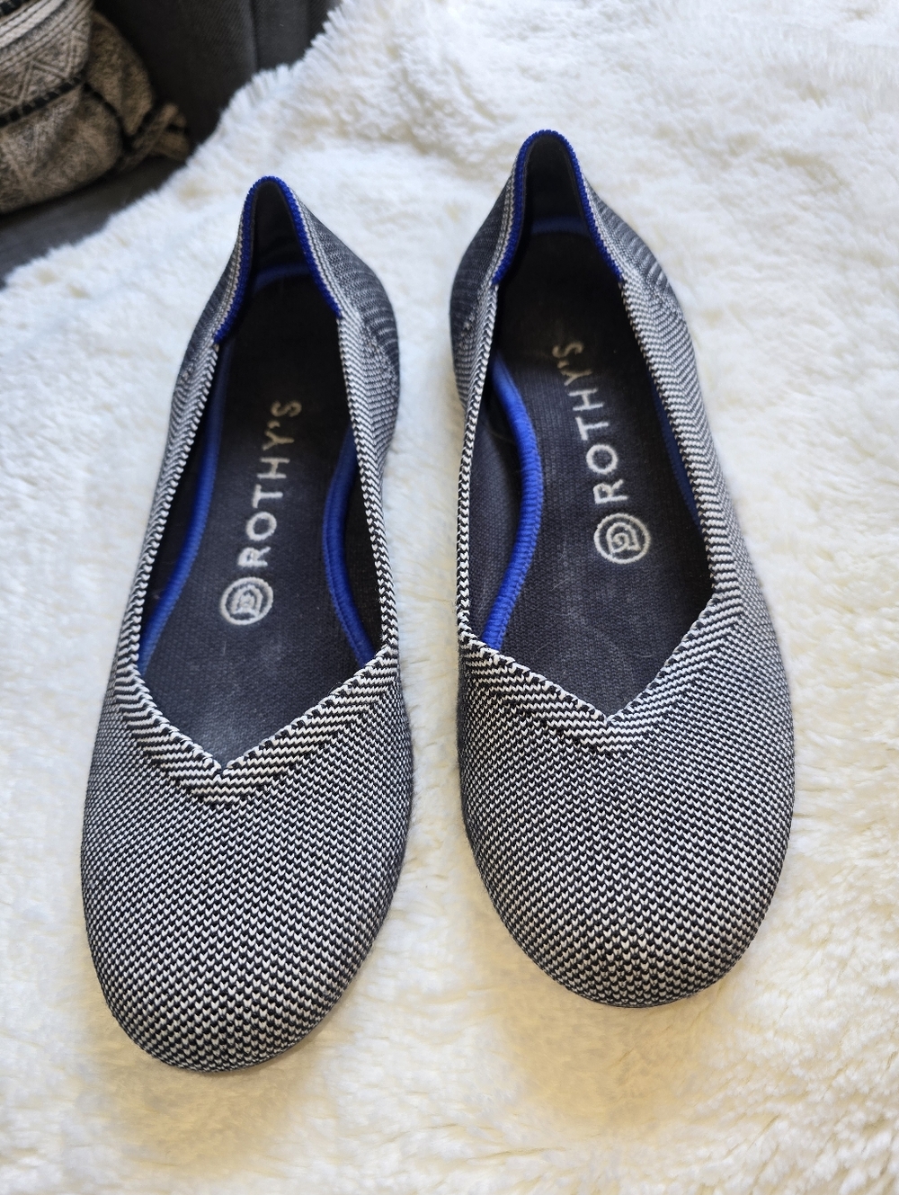 EUC Rothy's The Flat Cloud Grey Birdseye Round Toe Ballet Blue White, Size 7.5